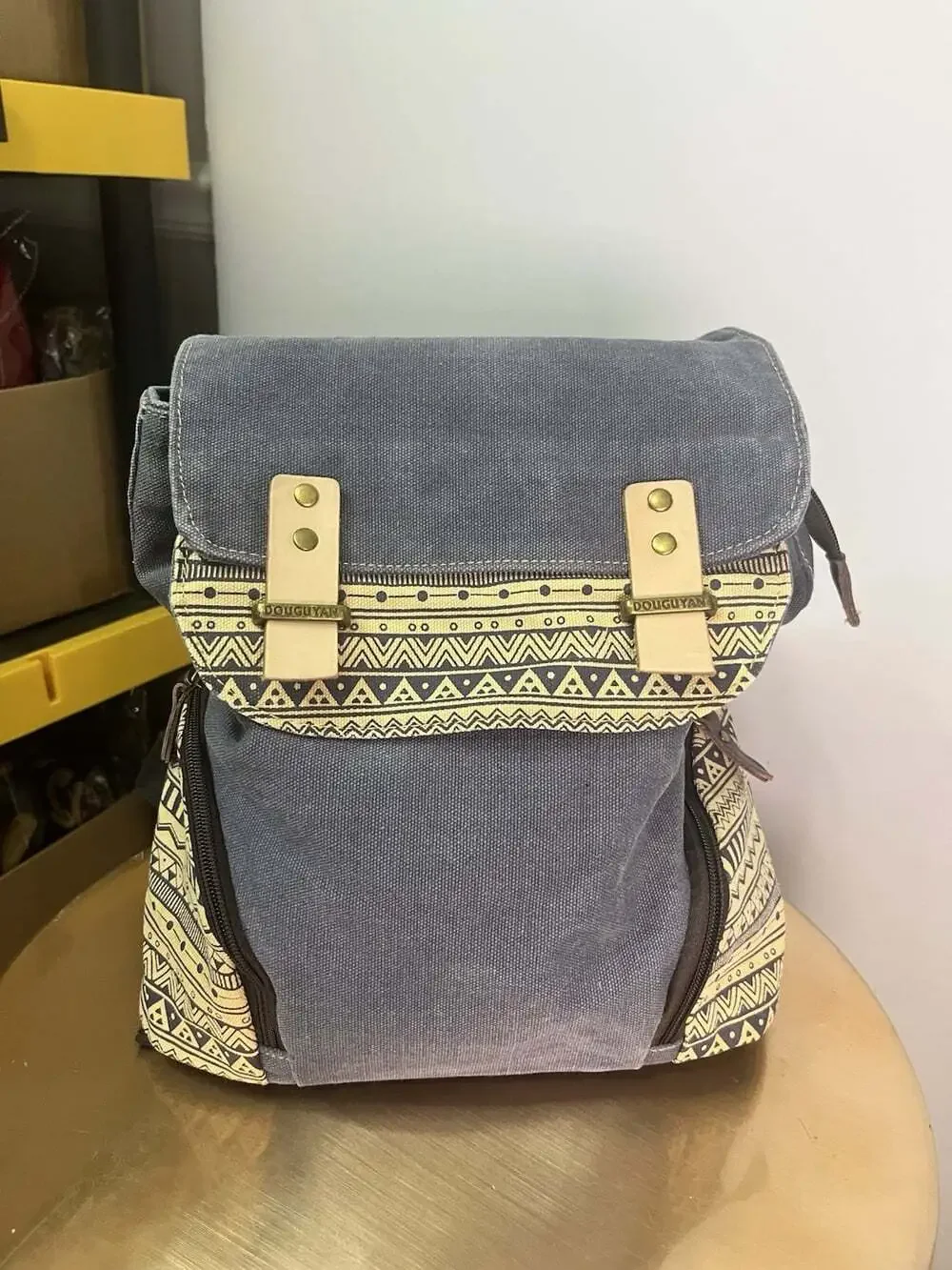 Douguyan Canvas Backpack Navy Boho Aztec Southwest Pockets Tribal Brass Flap